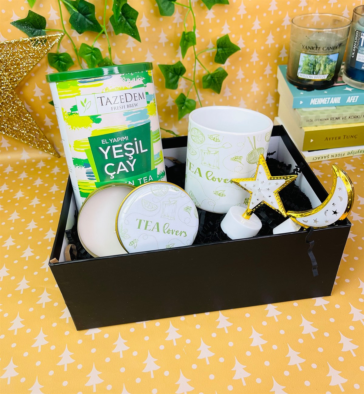 Çay Severler Tasarımlı Mum Kupa Ay Yıldız Mini Lamba Ve Premium Yeşil Çay SetgiftmodaGmhs101384