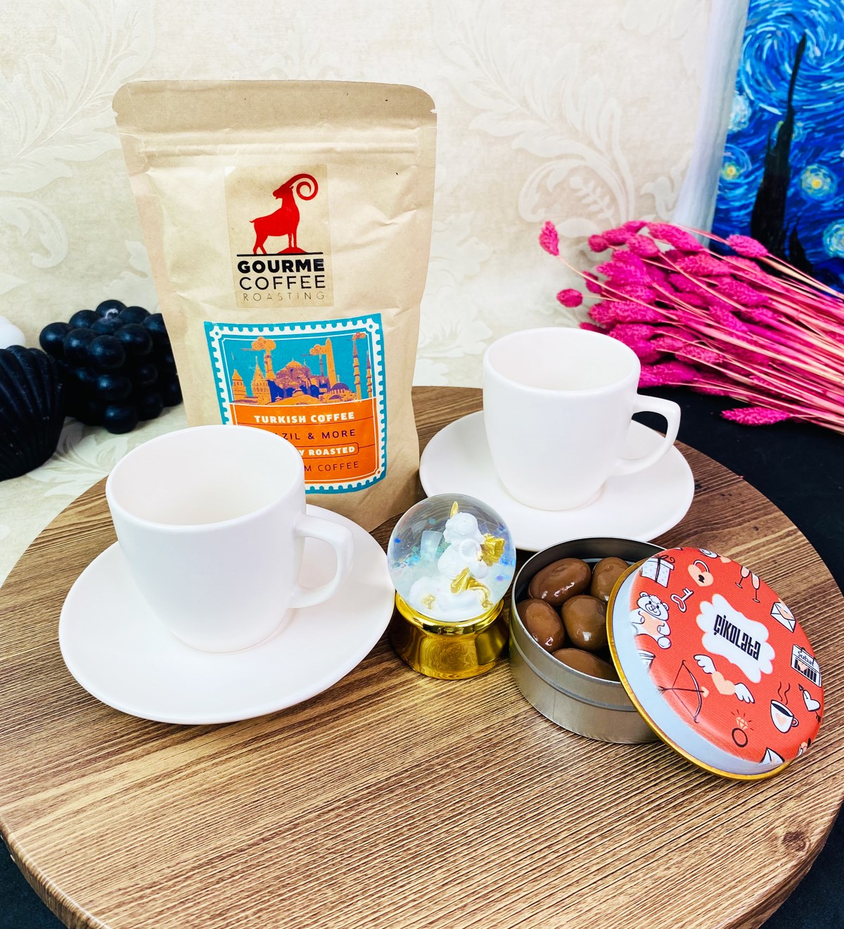 Altınyaldızlı Mini Melek Kar Küresi Türk Kahvesi Ve 2'li Fincanı SetgiftmodaGmhs101669