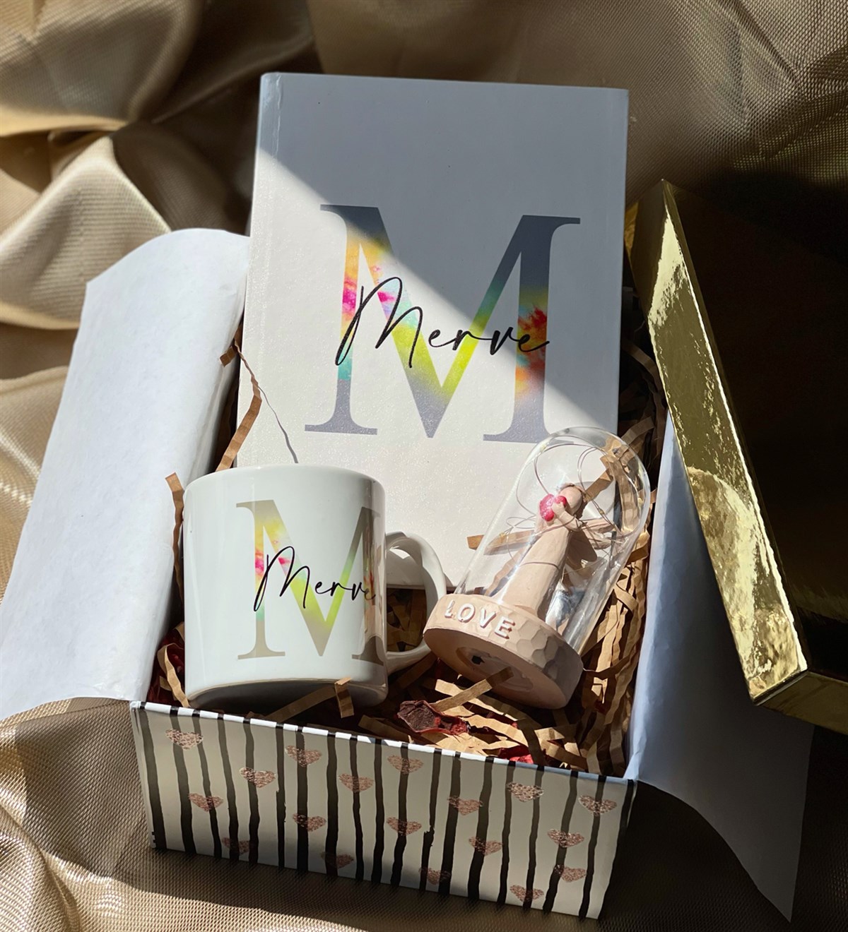 Kişiye Özel Harfli Ajanda Kupa Ve Işıklı Melek Biblo Hediye SetigiftmodaGmhs100639