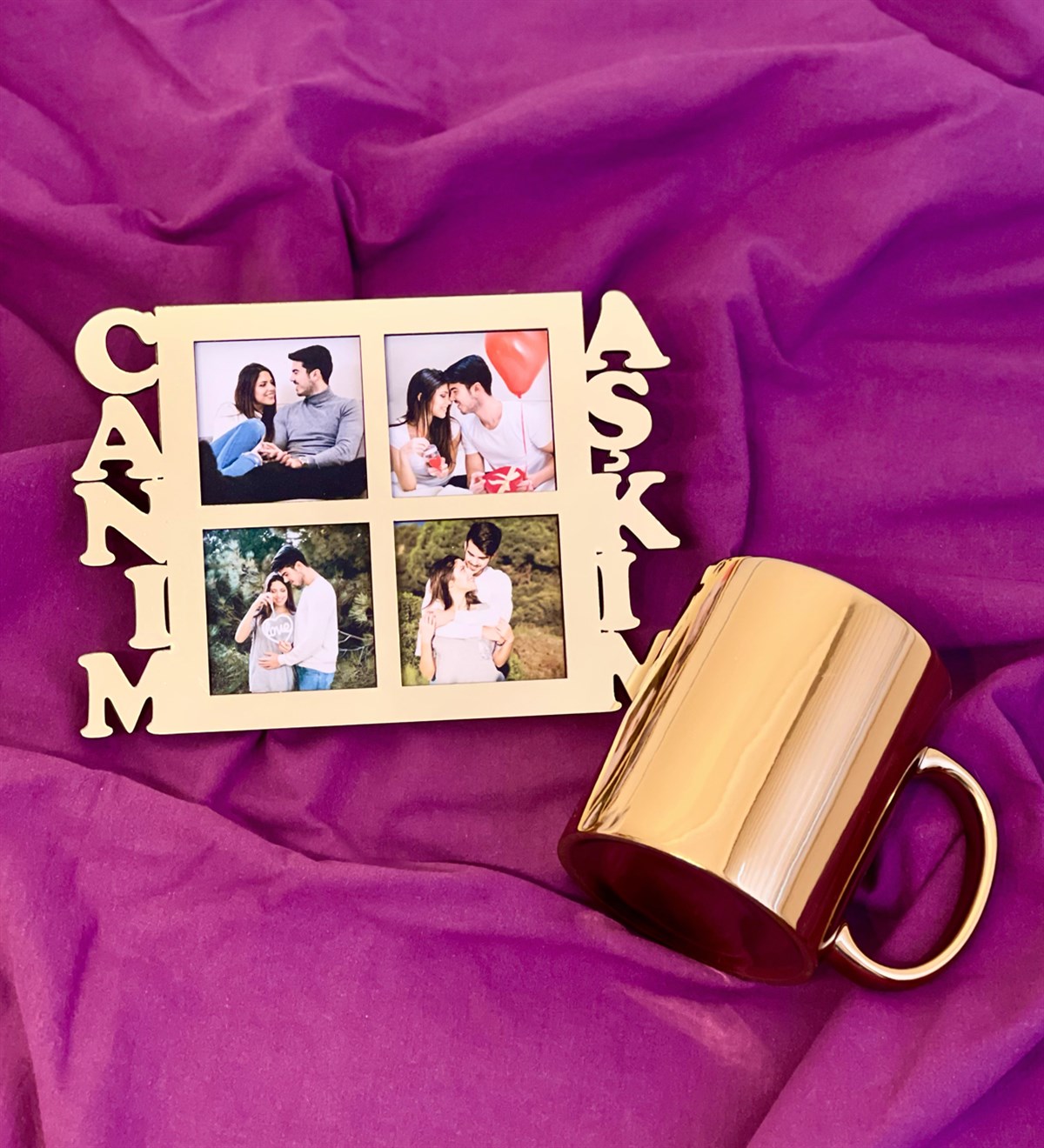 Canım Aşkım 4 Fotoğraf Standlı Mdf Gold Çerçeve Ve Gold Kupa SetgiftmodaGmhs100551-Gmfc100034-Gmkp100158