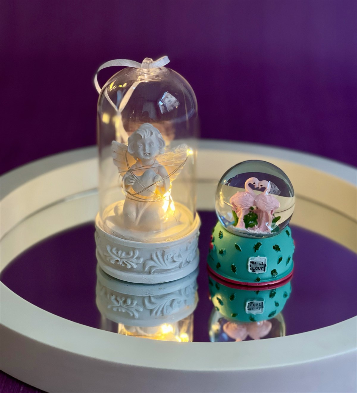 Işıklı Melek Biblo Ve Yeşil Flamingo Kar KüresiGiftmodaGmhs100474