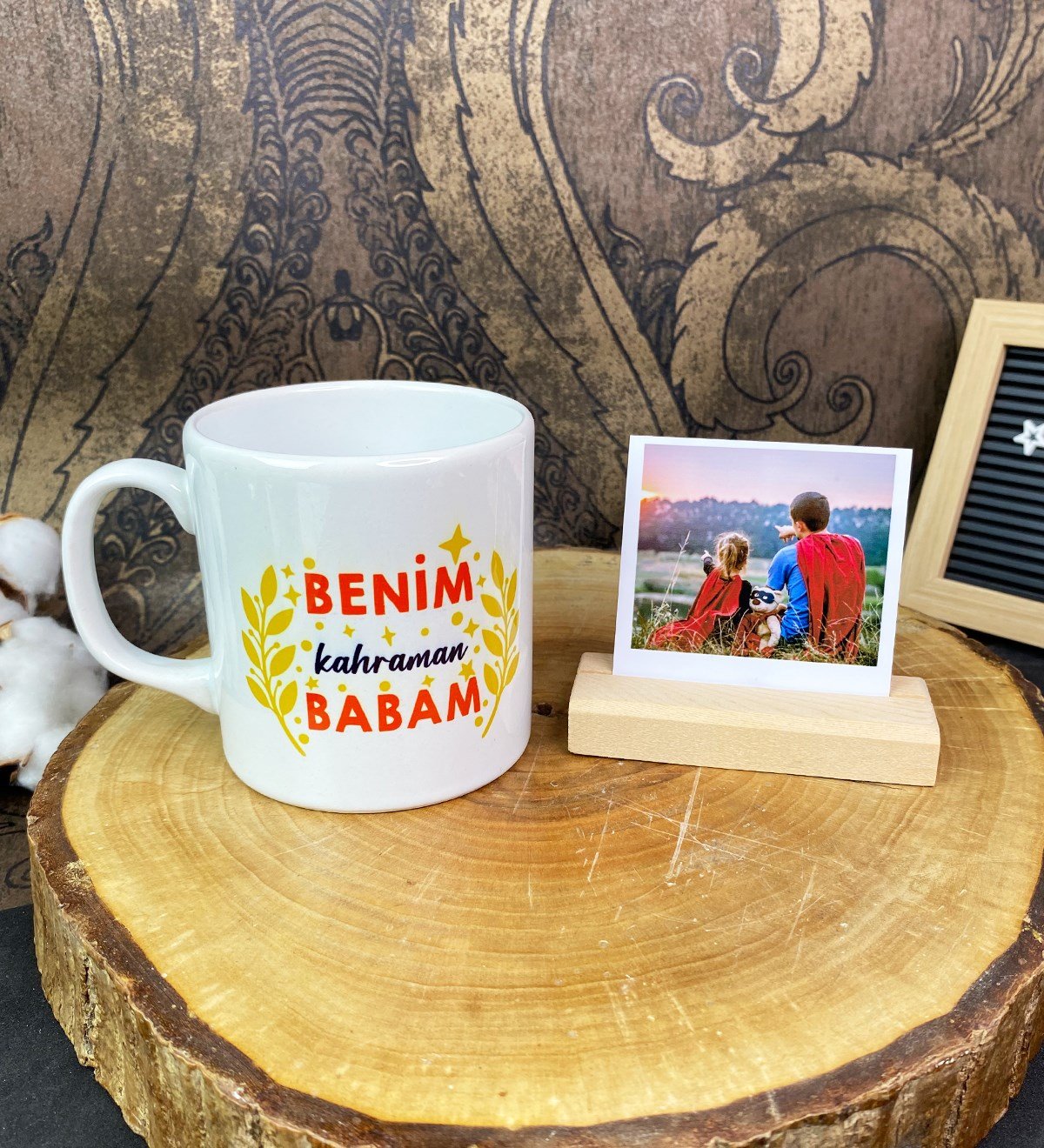 Benim Kahraman Babam Tasarımlı Kupa Ve Ahşap Fotoğraf Tutucu SetgiftmodaGmhs101745