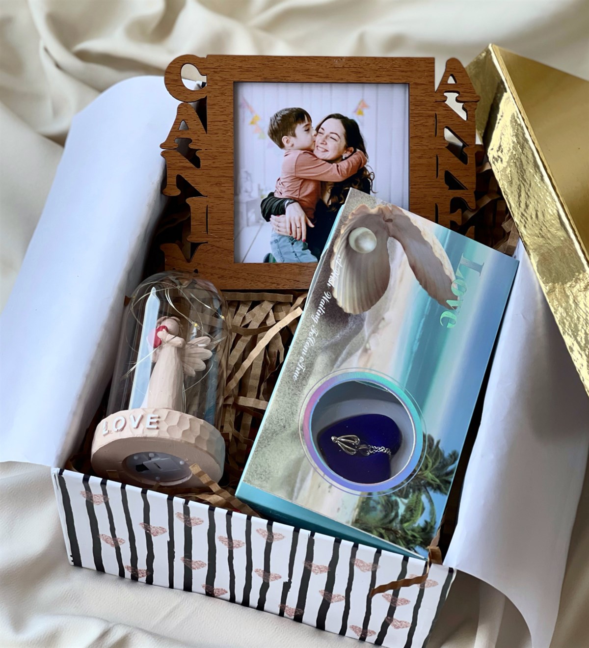 Kişiye Özel Ahşap Canım Annem Çerçeve İnci Kolye Ve Işıklı Melek Biblo Anneye Hediye SetigiftmodaGmhs100599