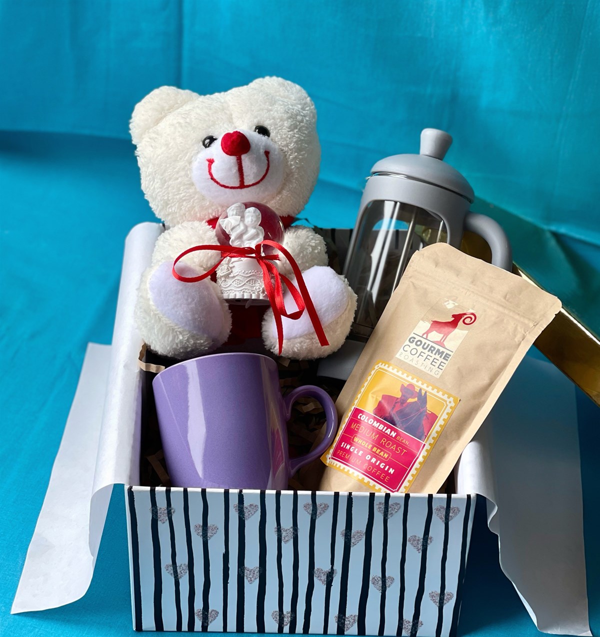 Beyaz Peluş Ayıcık Beyaz Mor Kupa French Press Filtre Kahve Ve Mini Melek Kar KüresigiftmodaGmhs100768