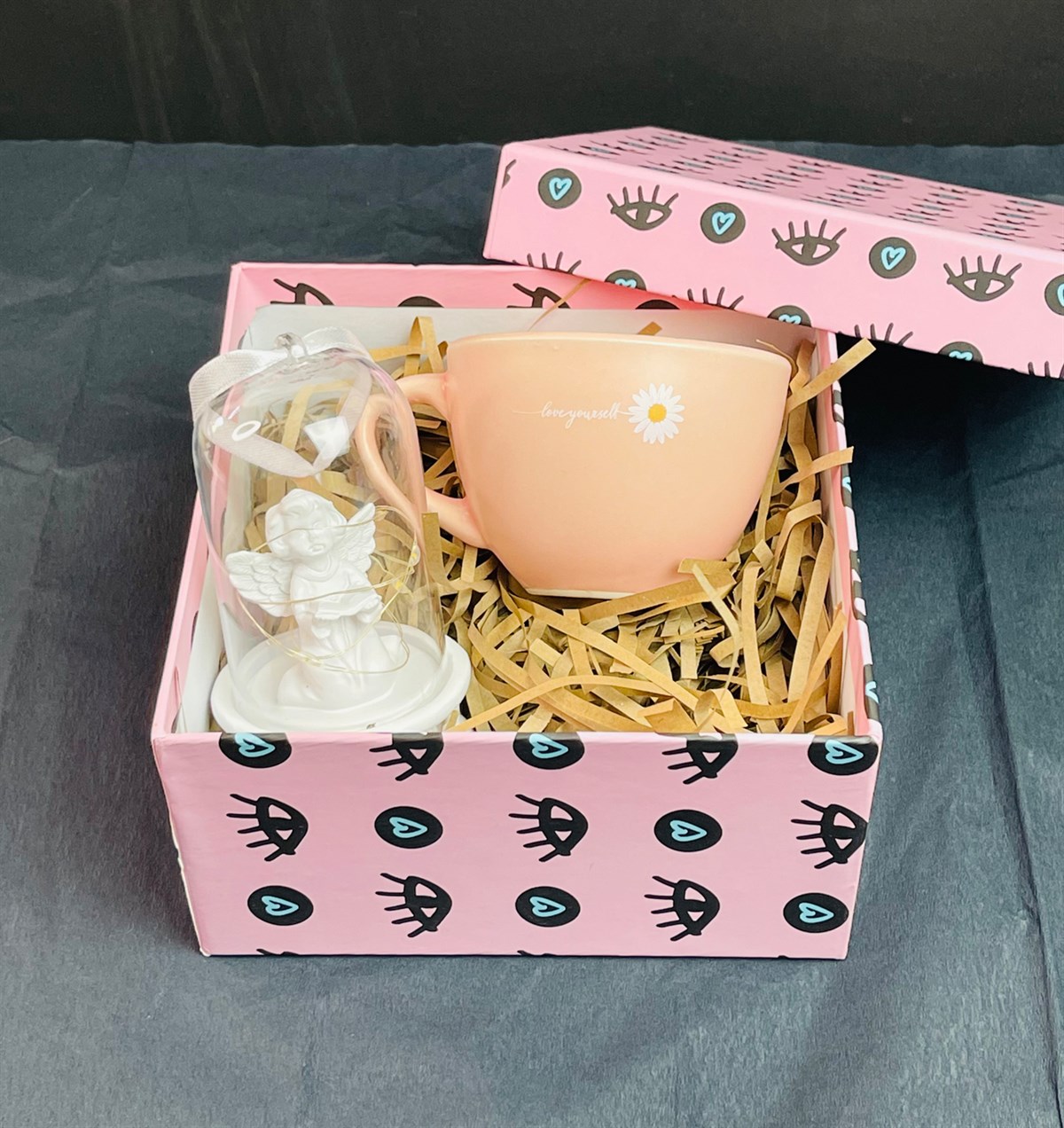 Papatya Love You Tasarımlı Pembe 6 Cm Kupa Ve Işıklı Melek Biblo SetgiftmodaGmhs101237