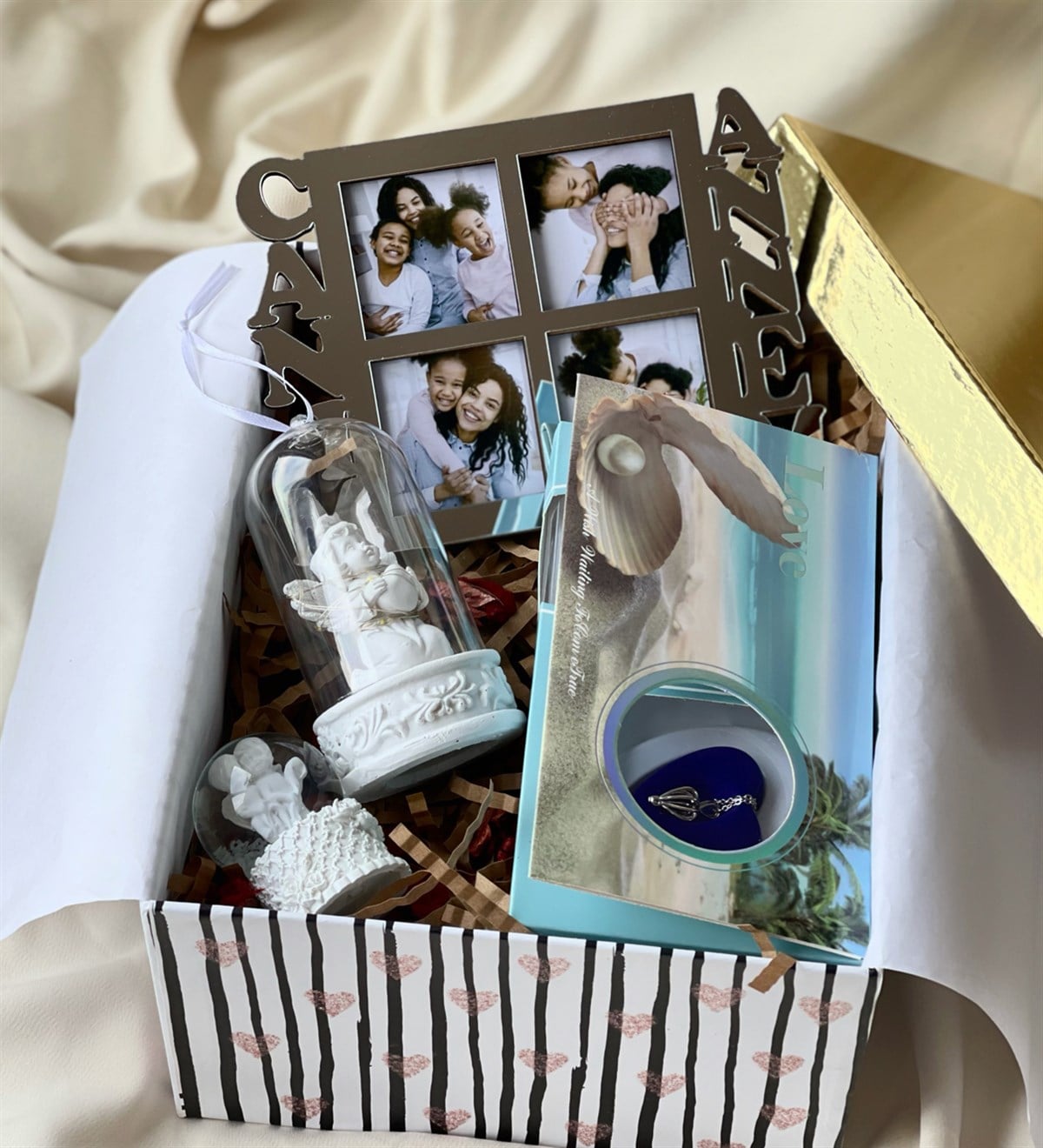 Gümüş Canım Annem Çerçeve İnci Kolye Işıklı Melek Biblo Ve Mini Melek Kar Küresi Anneye Hediye SetigiftmodaGmhs100603