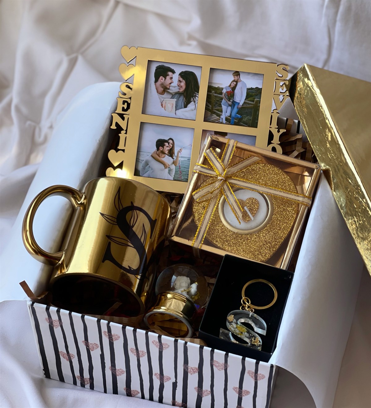 Gold Seni Seviyorum Çerçeve Kupa Melek Kar Küresi Epoksi Anahtarlık Ve Mum Hediye SetigiftmodaGmhs100617