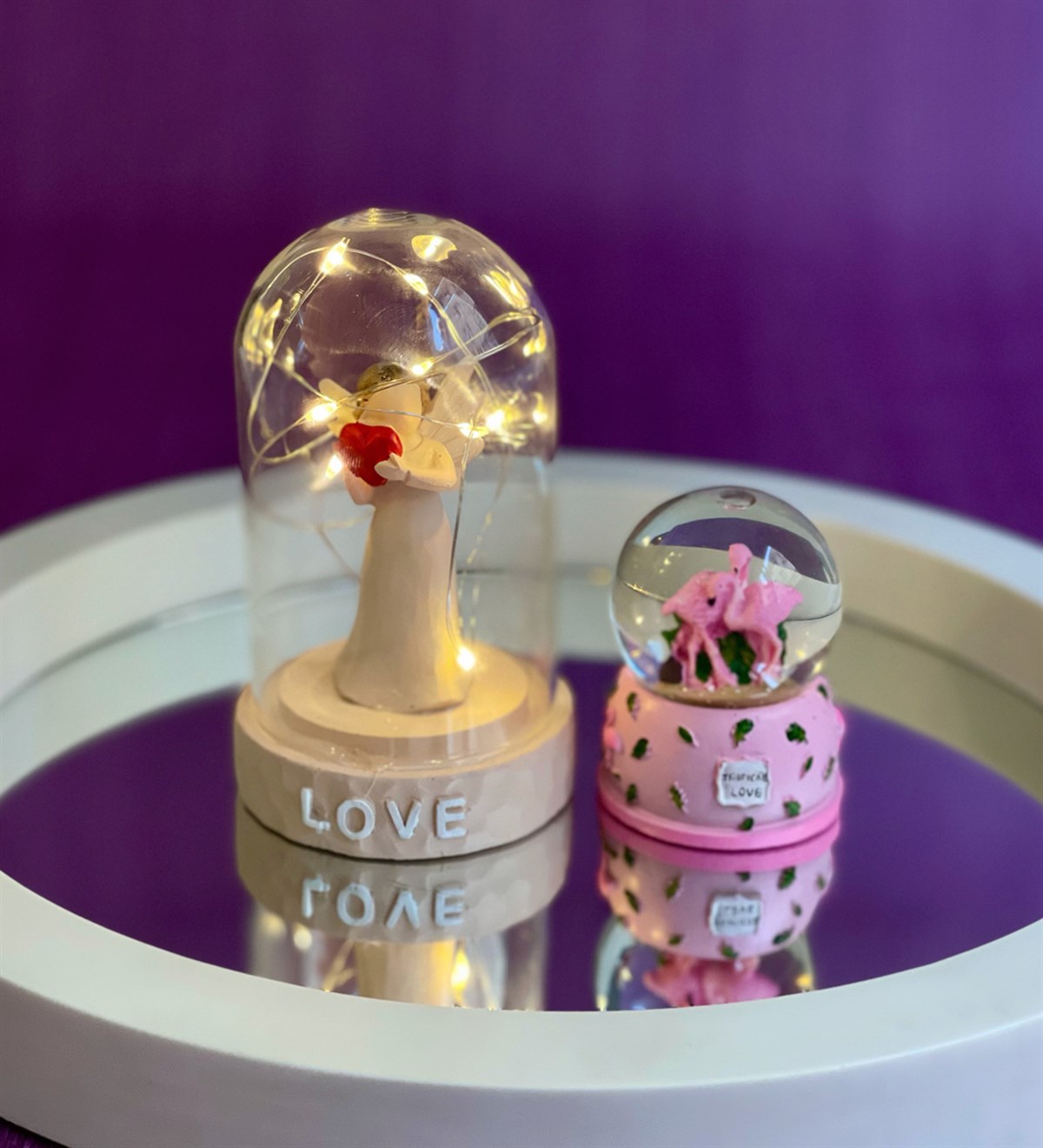 Işıklı Aşk Perisi Biblo Ve Pembe Flamingo Kar KüresiGiftmodaGmhs100480