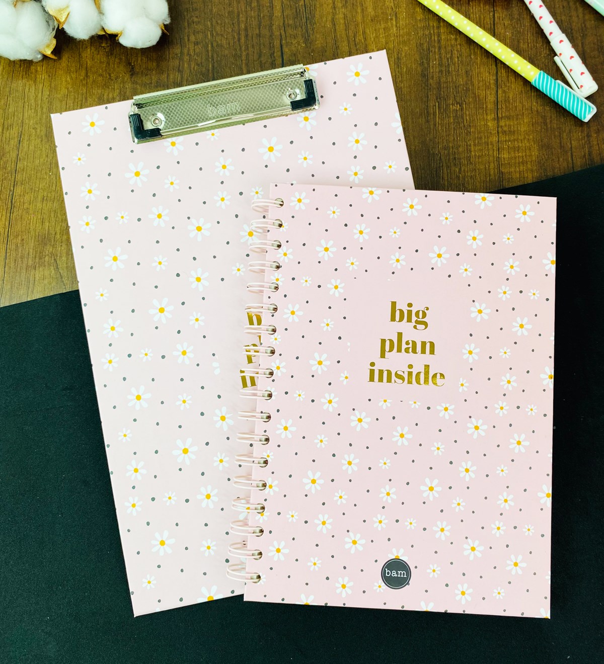 Papatya Tasarımlı Çizgili Spiralli Defter Ve Sekreterlik SetgiftmodaGmhs101677