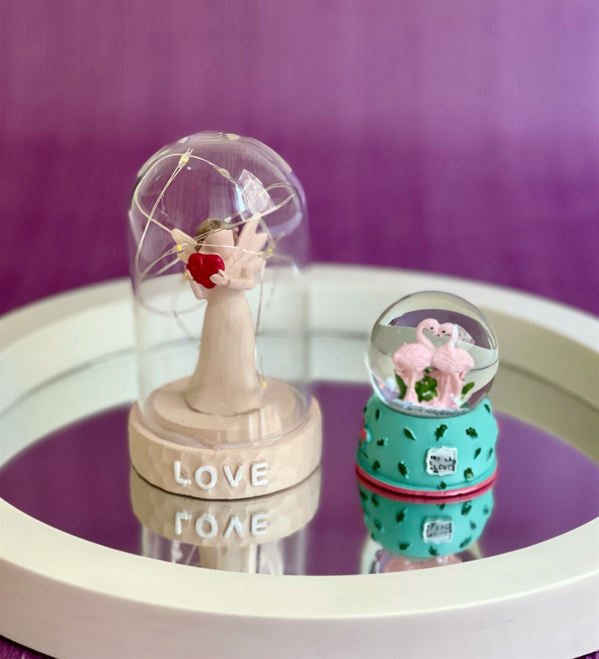 Işıklı Aşk Perisi Biblo Ve Yeşil Flamingo Kar KüresiGiftmodaGmhs100479