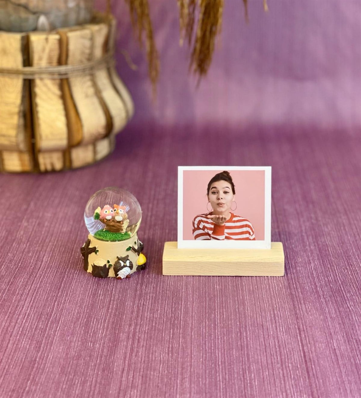 Kişiye Özel Ahşap Fotoğraf Tutucu Ve Baykuş Mini Kar Küresi SetGiftmoda Gmhs100502