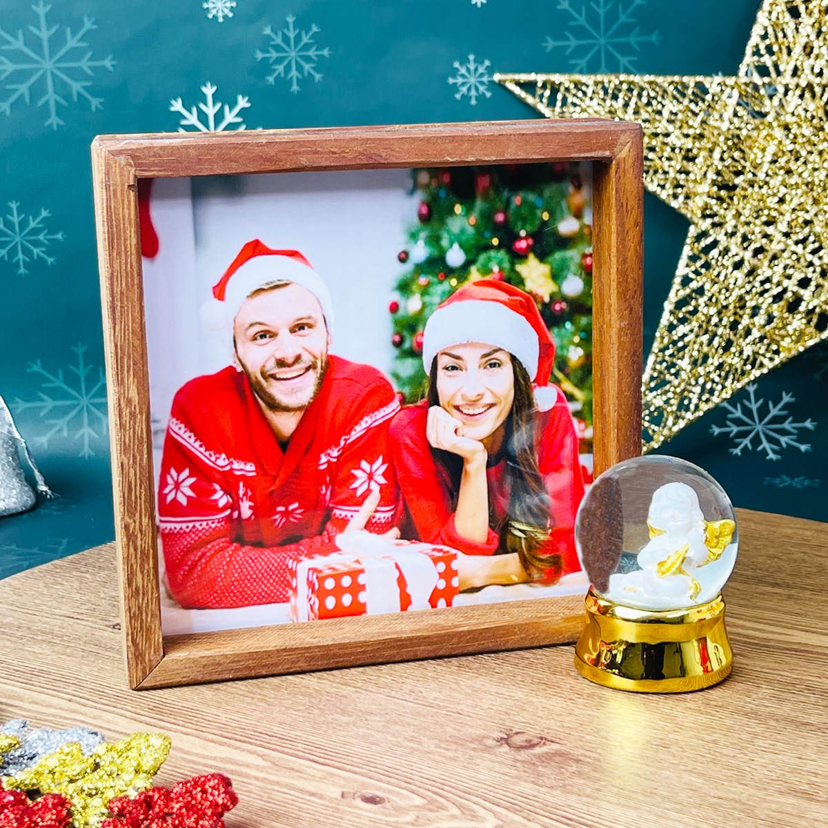 Kişiye Özel Ahşap Çerçeve Ve Altınaldızlı Melek Mini Kar Küresi SetgiftmodaGmhs101272