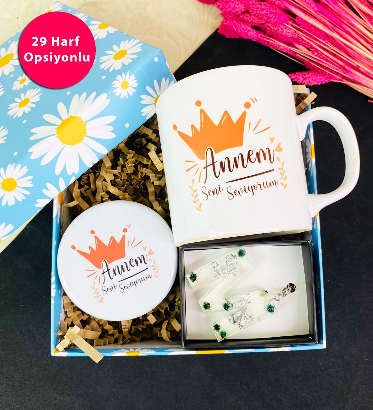 Çiçekli Epoksi Anahtarlık Ve Annem Seni Seviyorum Tasarımlı Kupa SetgiftmodaGmhs101651
