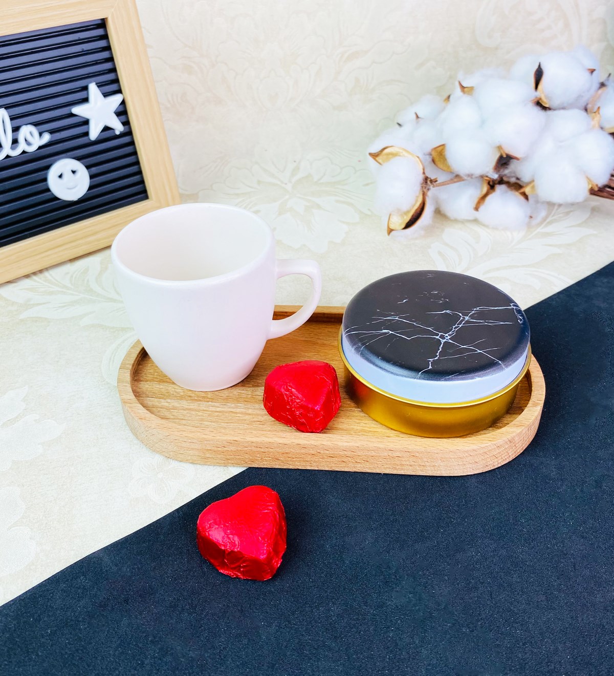 Ahşap Sunum Tabaklı Mermer Tasarımlı Mum Ve Türk Kahvesi Fincanı SetgiftmodaGmhs101672