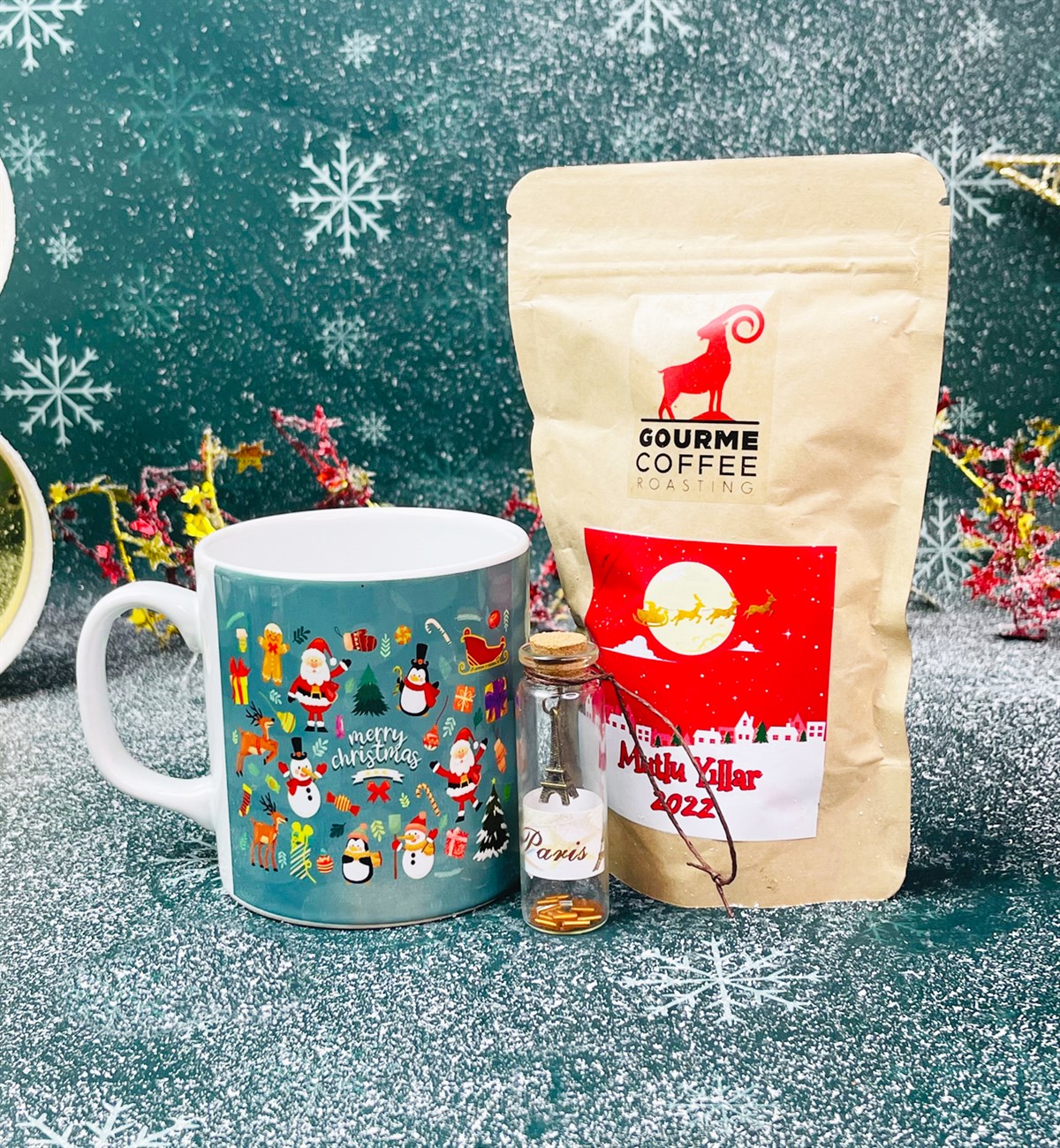 Mutlu Noeller Tasarımlı Kupa Filtre Kahve Ve Dilek Şişesi Yılbaşı SetigiftmodaGmhs101297