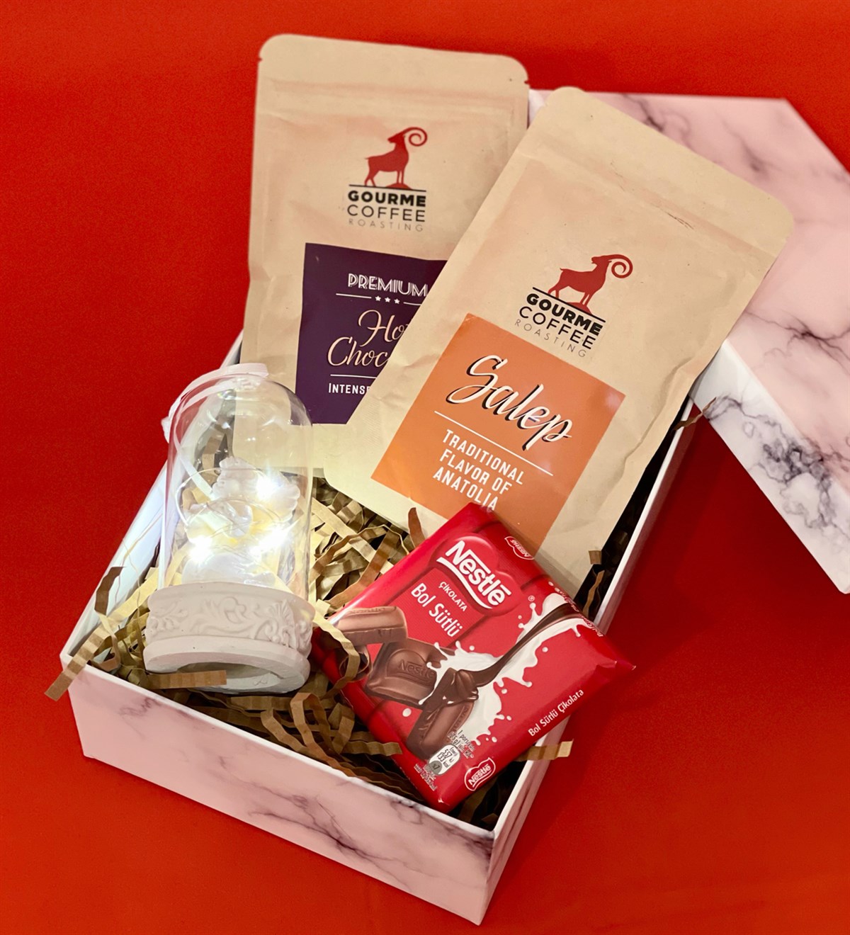 Özel Kutulu Işıklı Melek Biblo Çikolata Sahlep & Sıcak Çikolata Kadınlara Özel Hediye SetiGiftmodaGmhs100428