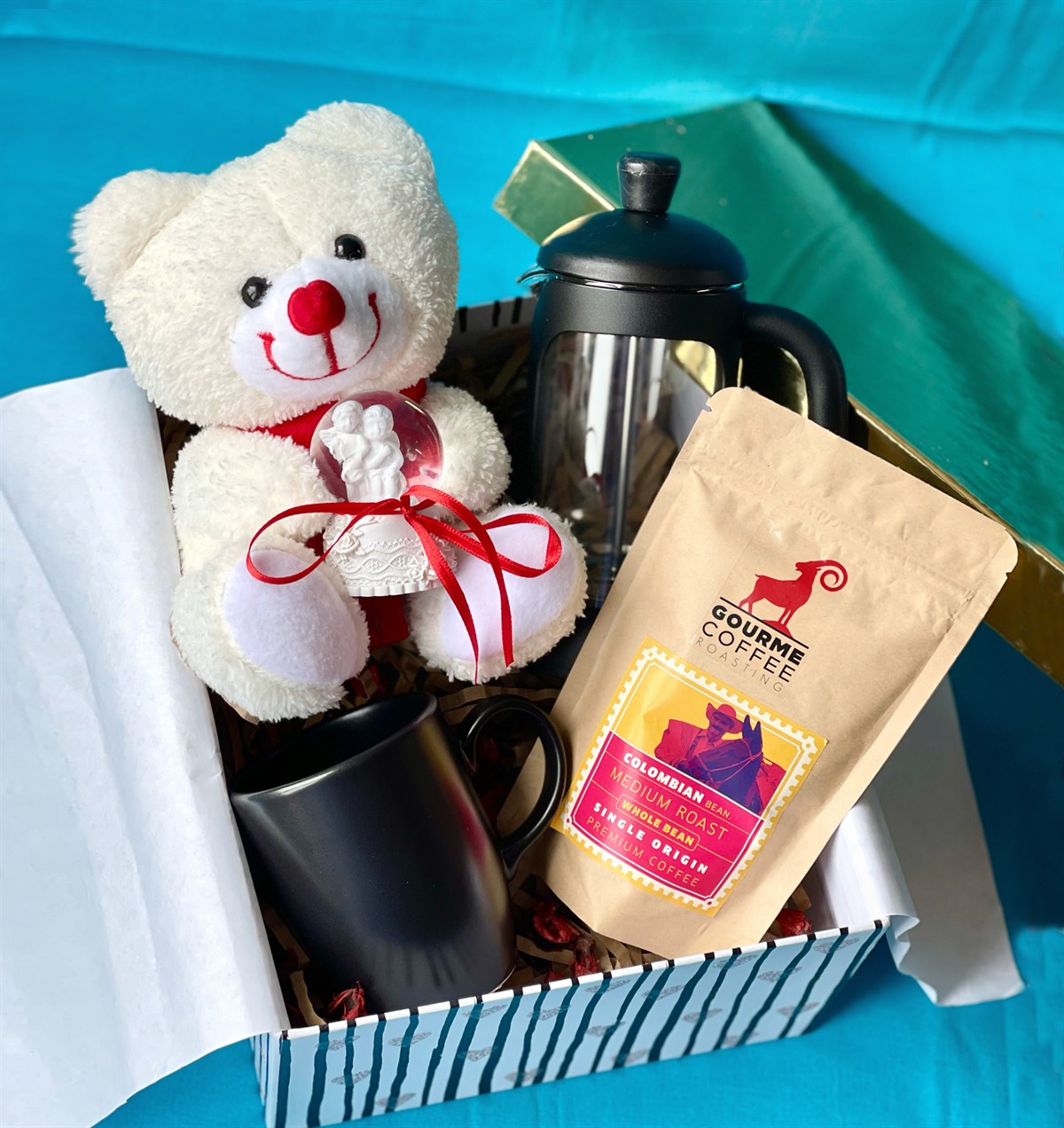 Beyaz Peluş Ayıcık Siyah Bulut Kupa French Press Filtre Kahve Ve Mini Melek Kar KüresigiftmodaGmhs100766