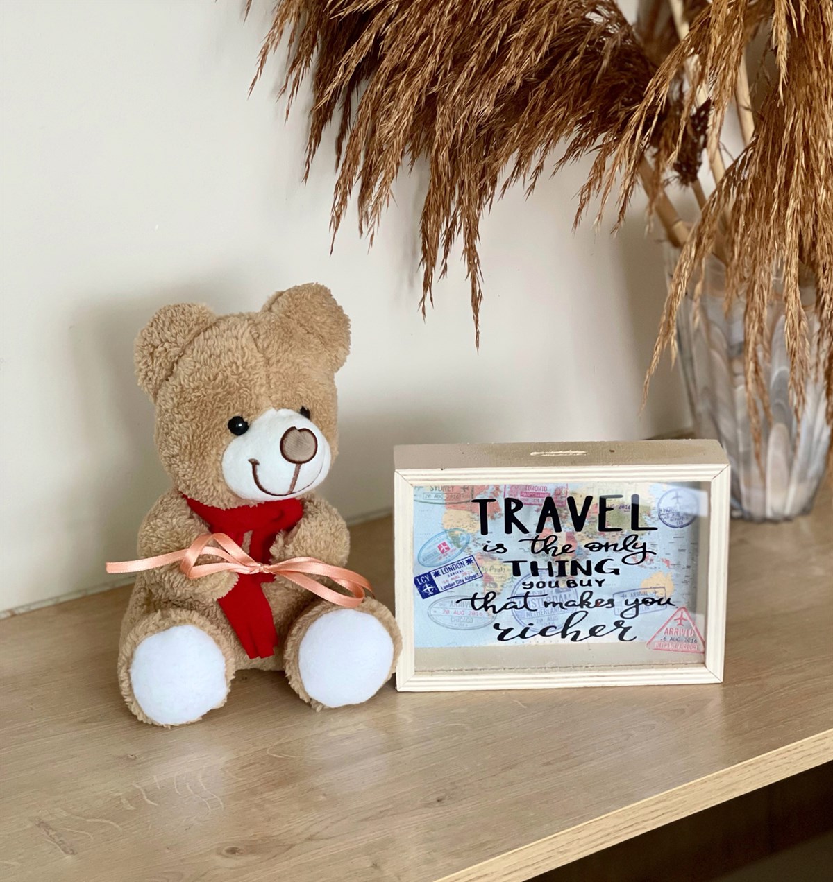 Travel Journel Tasarımlı Ahşap Kumbara Ve Kahverengi Beyaz Ayıcık Hediye SetiGiftmodaGmhs100822