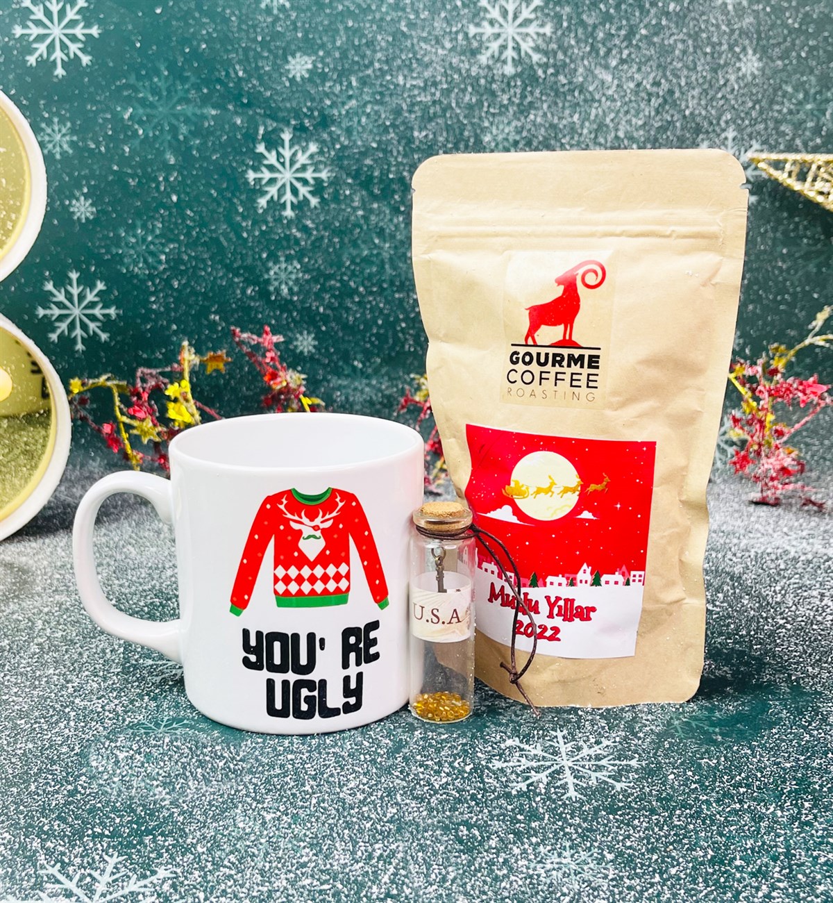 You're Ugly Tasarımlı Kupa Filtre Kahve Ve Dilek Şişesi Yılbaşı SetigiftmodaGmhs101298
