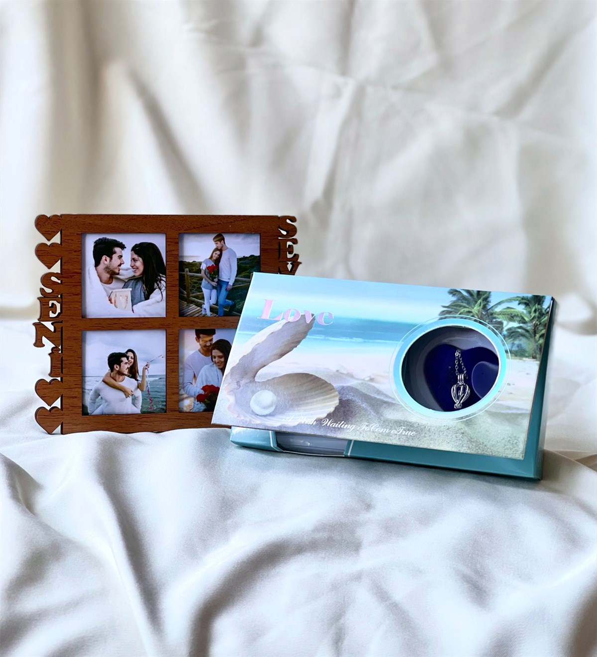 Ahşap Seni Seviyorum Çeçeve Ve İnci Kolye Hediye SetiGiftmodaGmhs100706