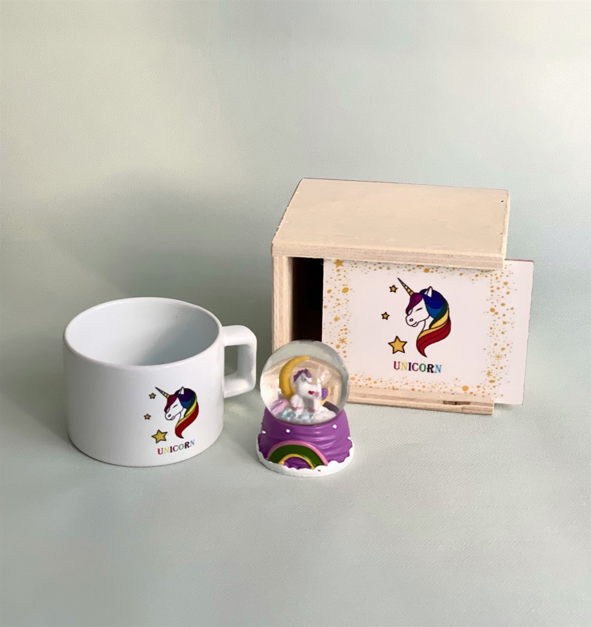 Mini Unicorn Gökkuşağı Kar Küresi Ve Ahşap Kutulu Kupa SetiGiftmodaGmhs101155