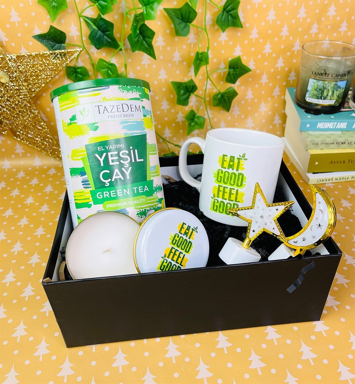 İyi Yiyin İyi Hissedin Tasarımlı Mum Kupa Ay Yıldız Mini Lamba Ve Premium Yeşil Çay SetgiftmodaGmhs101385