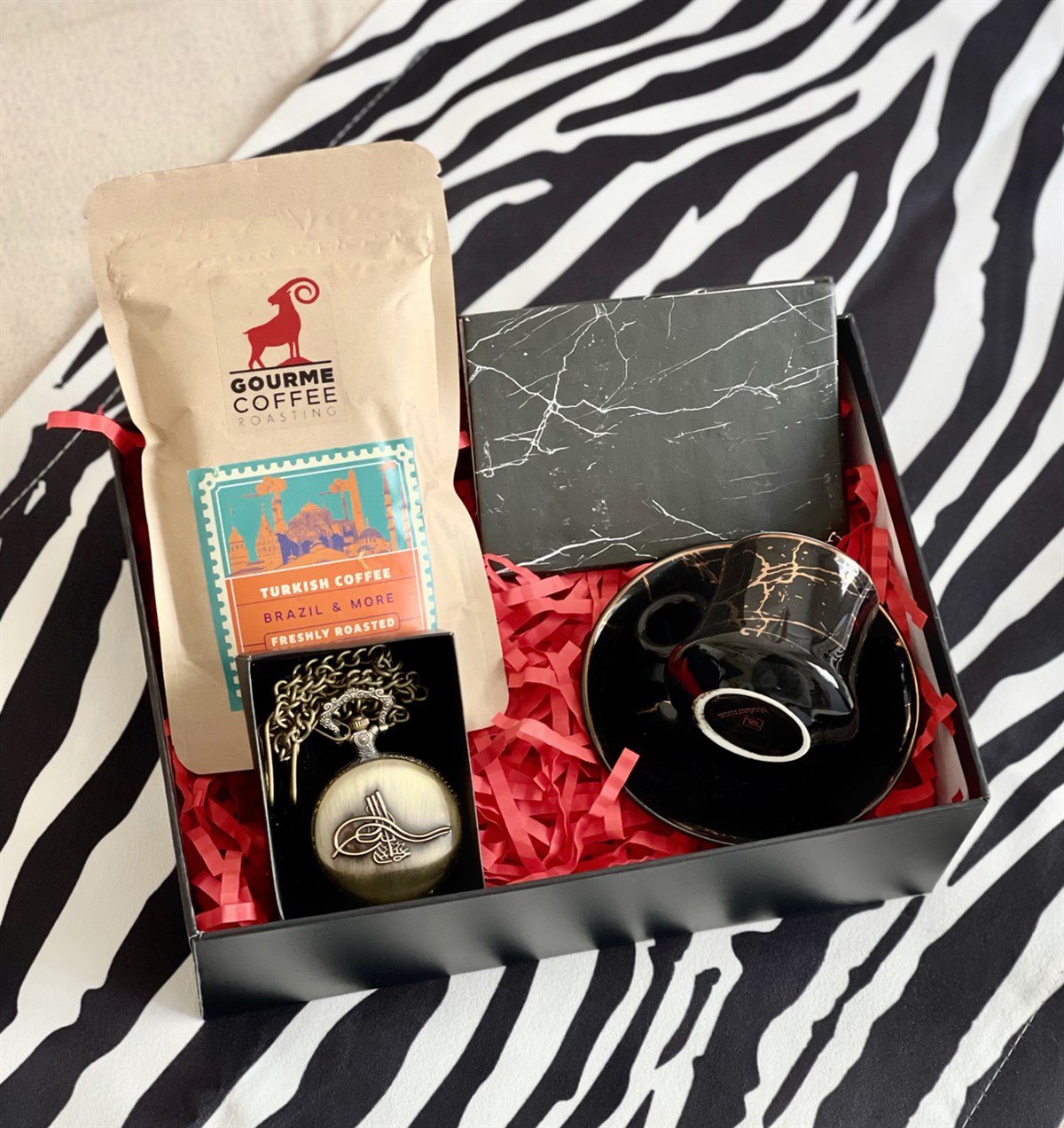  Siyah Mermer Tasarımlı Mini Albüm Türk Kahvesi Osmanlı Tuğra Köstekli Saat Ve Kahve FinacınıgiftmodaGmhs100804