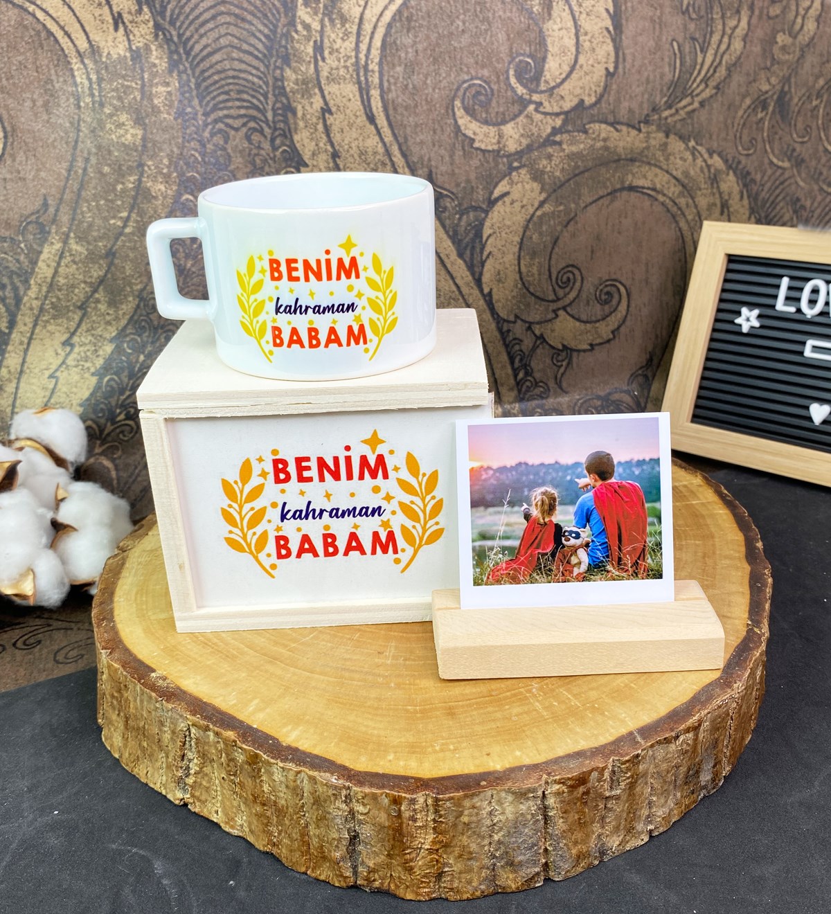 Benim Kahraman Babam Tasarımlı Kutulu Kupa Ve Ahşap Fotoğraf Tutucu SetgiftmodaGmhs101744