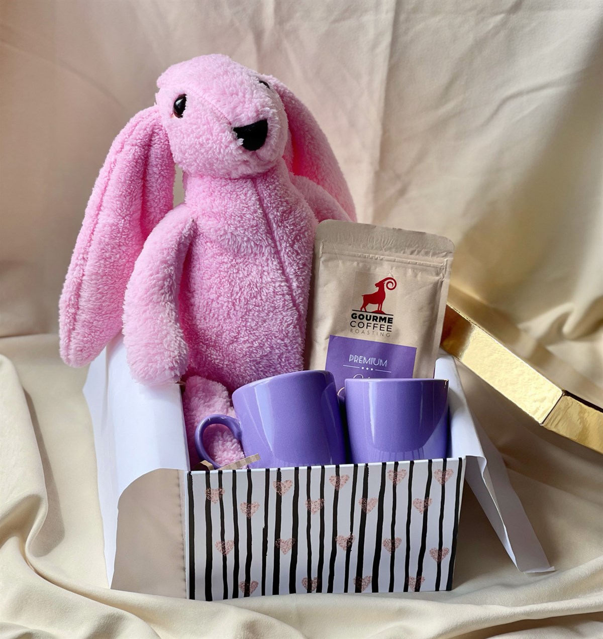 Pembe Peluş Tavşan Sıcak Çikolata Ve 2'li Mor Bulut Kupa Hediye SetigiftmodaGmhs100738