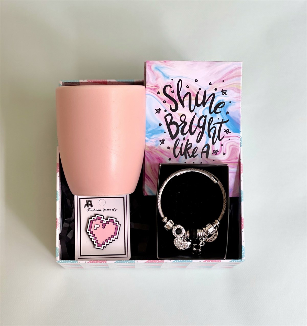 Elmas Motto Tasarımlı Mini Albüm Pembe Bulut Kupa Rozet Ve Kalp Pandora Bileklik Hediye SetigiftmodaGmhs100905