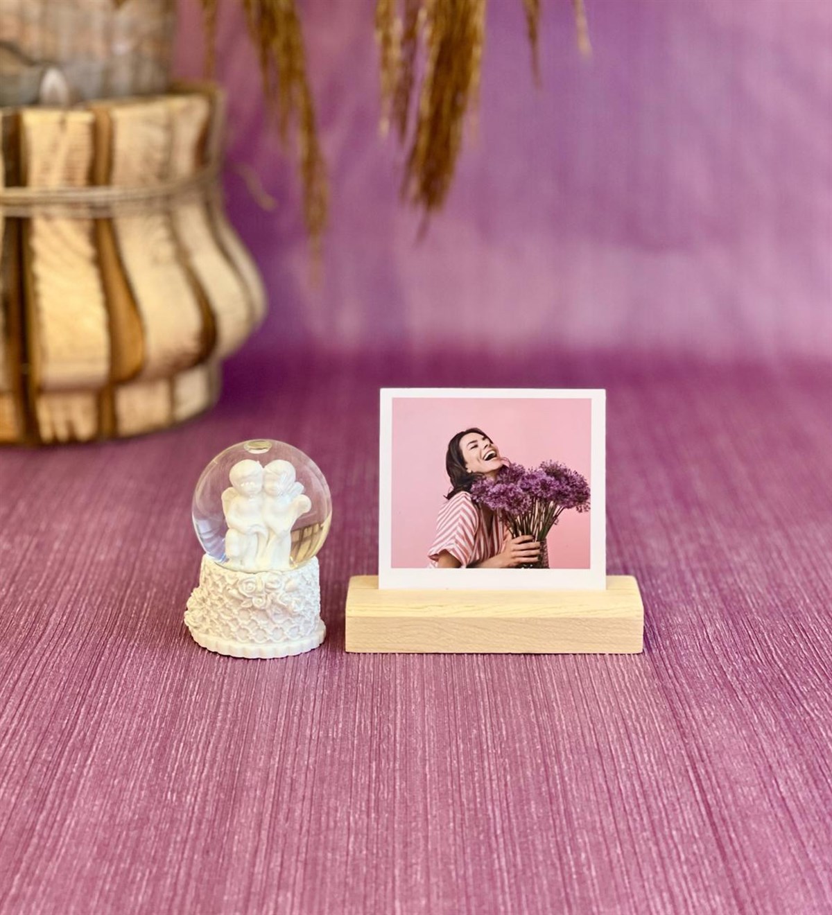 Kişiye Özel Ahşap Fotoğraf Tutucu Ve Beyaz Melek Mini Kar Küresi SetGiftmodaGmhs100507