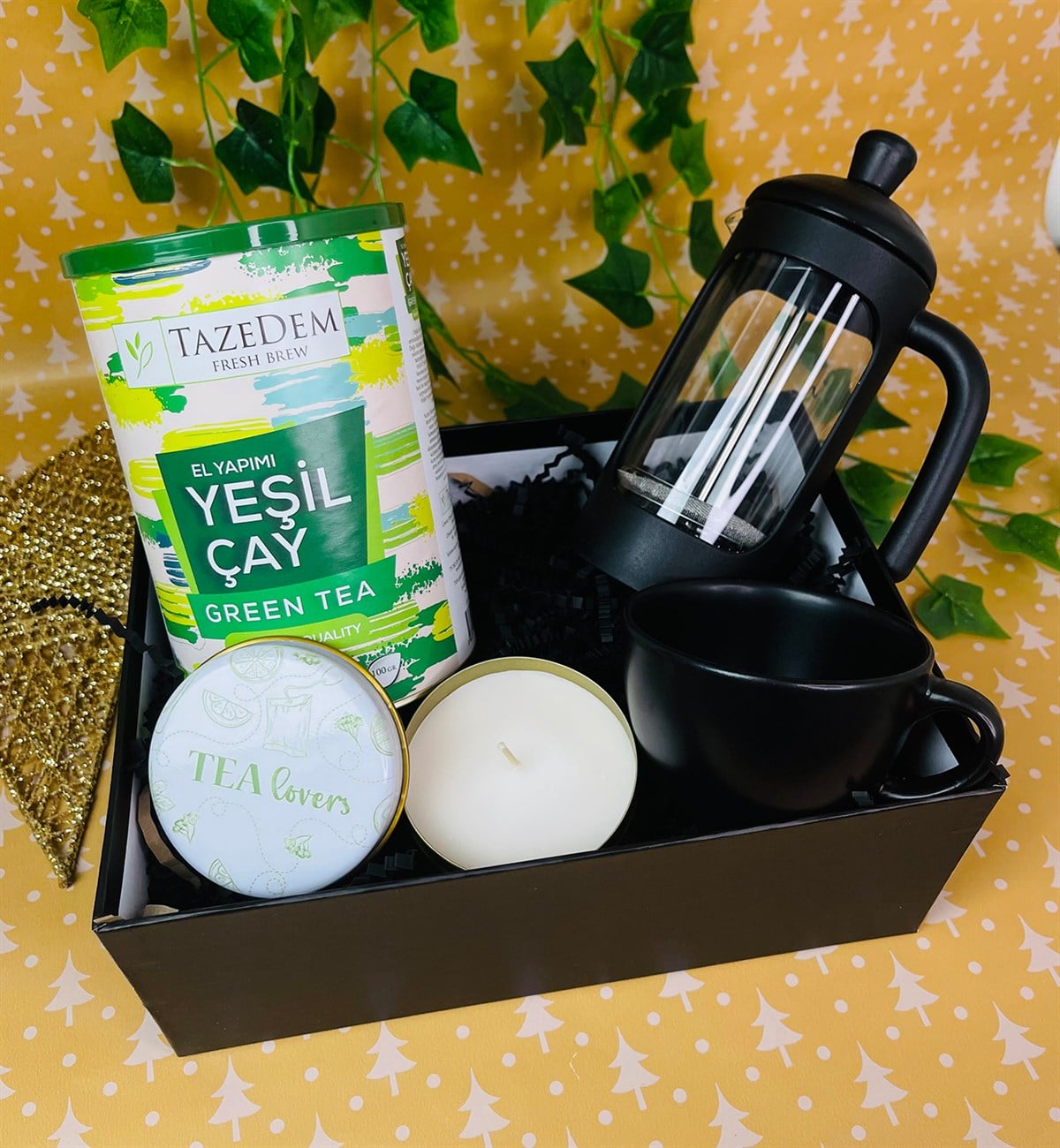 Çay Severler Tasarımlı Mum 6 Cm Kupa French Press Ve İlk Hasat Premium Yeşil Çay SetgiftmodaGmhs101363