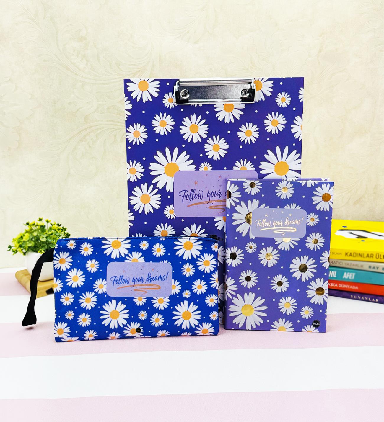Mor Papatya Tasarımlı Kırtasiye SetigiftmodaBam-1211