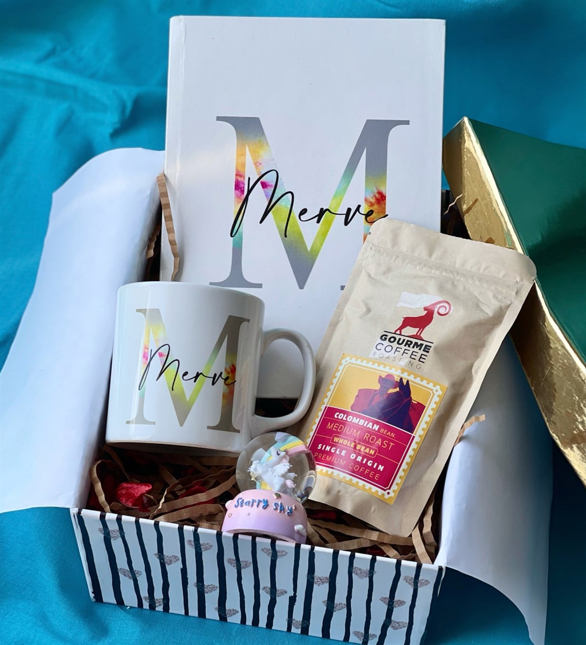Kişiye Özel Harfli Ajanda Kupa Filtre Kahve Ve Mini Unicorn Starry Sky Kar Küresi Hediye SetigiftmodaGmhs100645