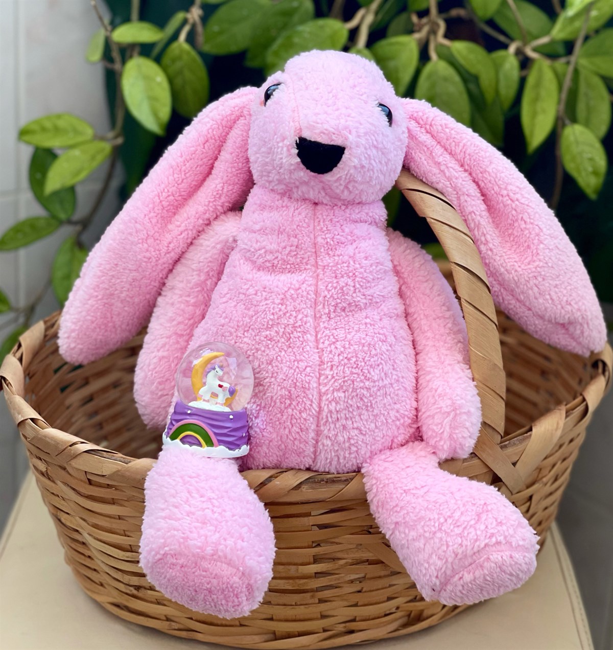 Sevimli Pembe Peluş Tavşan Ve Mini Unicorn Gökkuşağı Kar Küresigiftmoda Gmhs100850