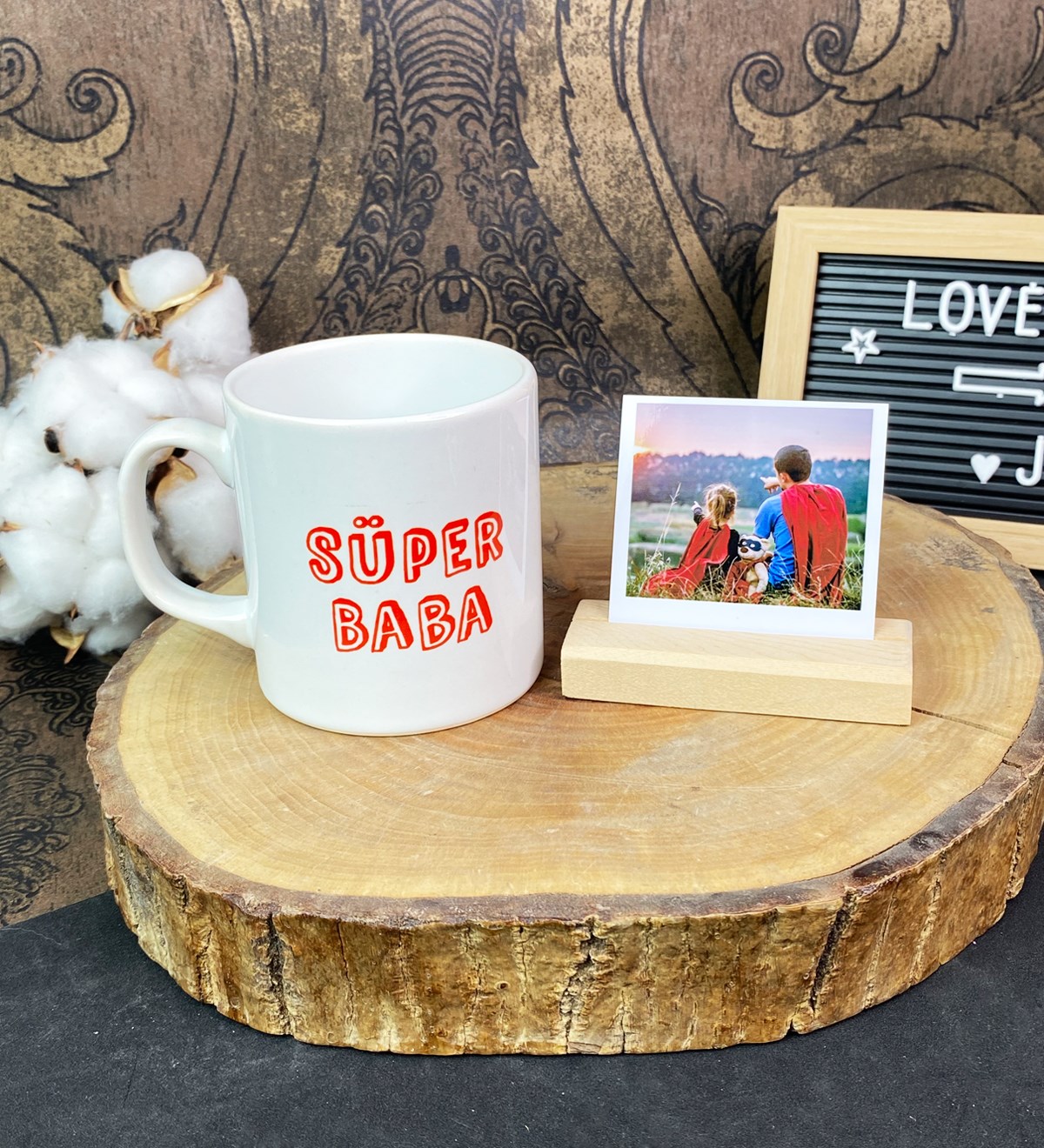 Süper Baba Tasarımlı Kupa Ve Ahşap Fotoğraf Tutucu SetgiftmodaGmhs101735