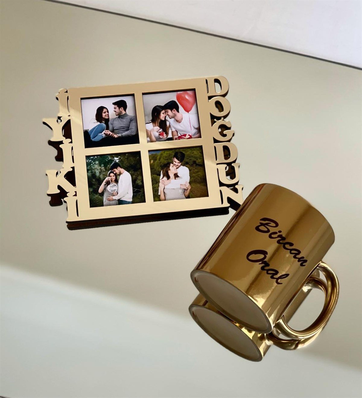 Kişiye Özel İyiki Doğdun 4 Fotoğraf Standlı Mdf Gold Çerçeve Ve Gold Kupa SetgiftmodaGmhs100516-Gmfc100035-Gmkp100155