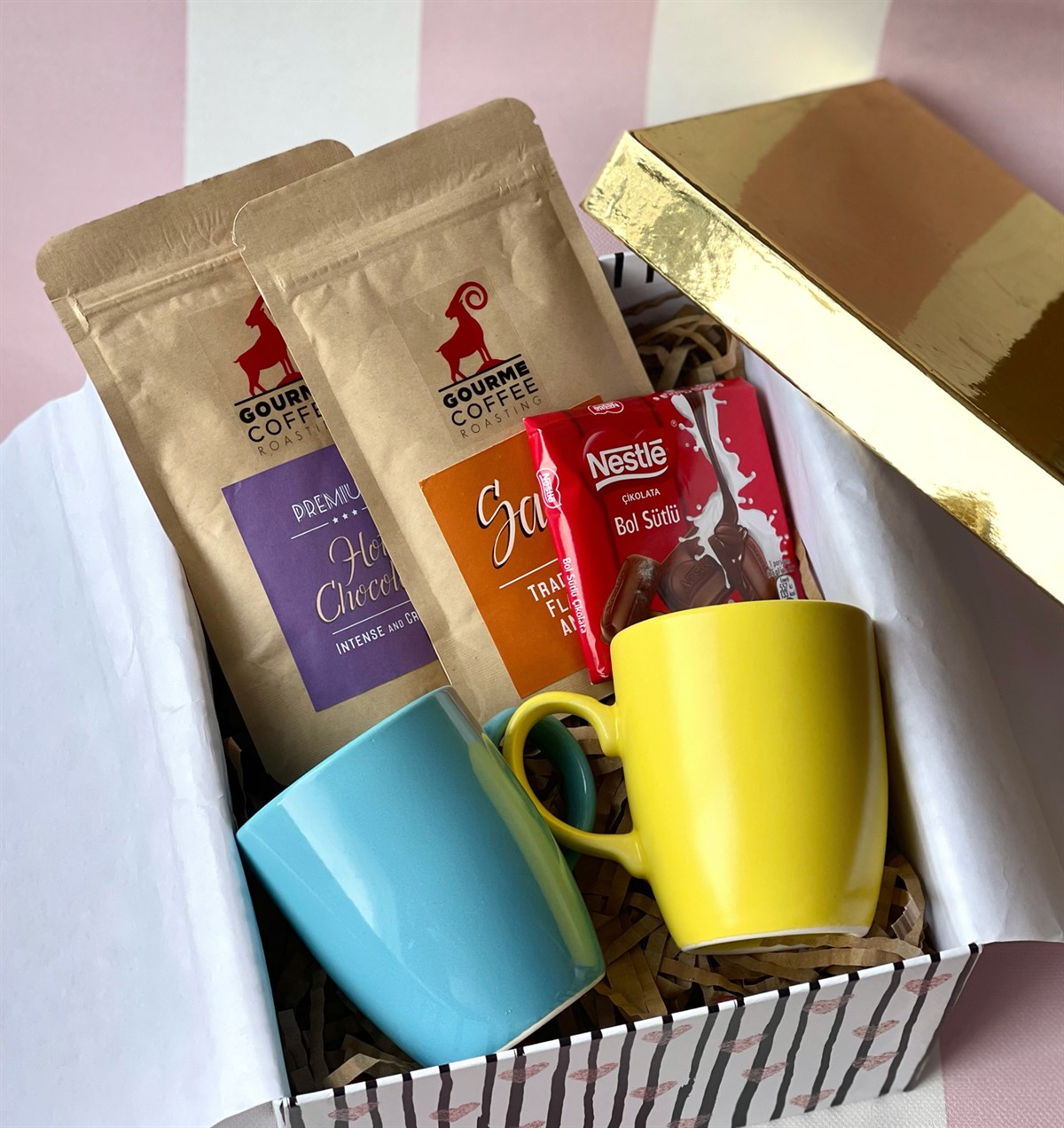 Sarı Mavi 2'li Bulut Kupa Sıcak Çikolata Sahlep Ve Çikolata SetgiftmodaGmhs100777