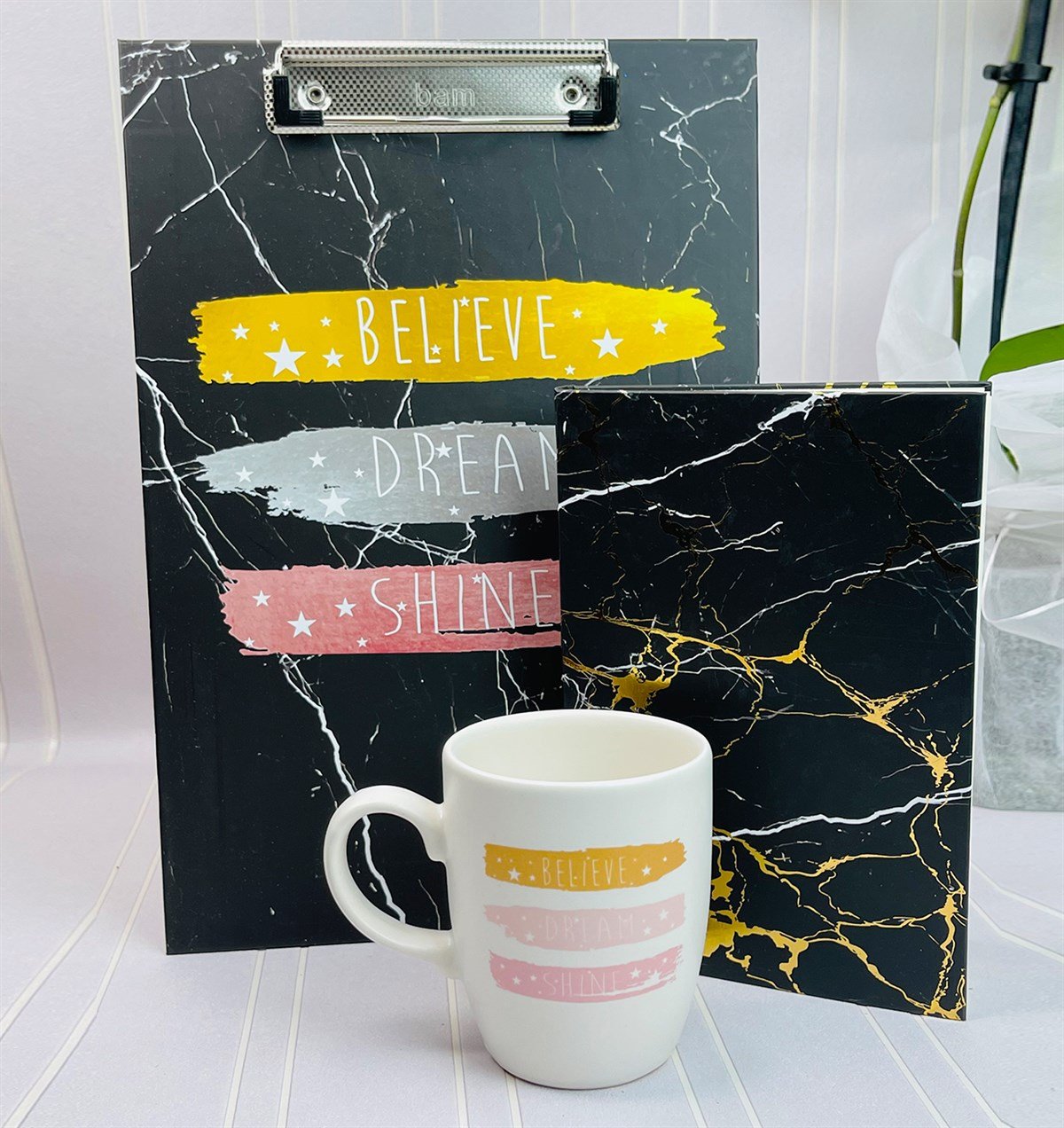 Believe Dream Sihine Tasarımlı Sekreterlik 9 Cm Kupa Bardak Ve Altın Yaldızlı Siyah Lastikli DeftergiftmodaGmhs101206
