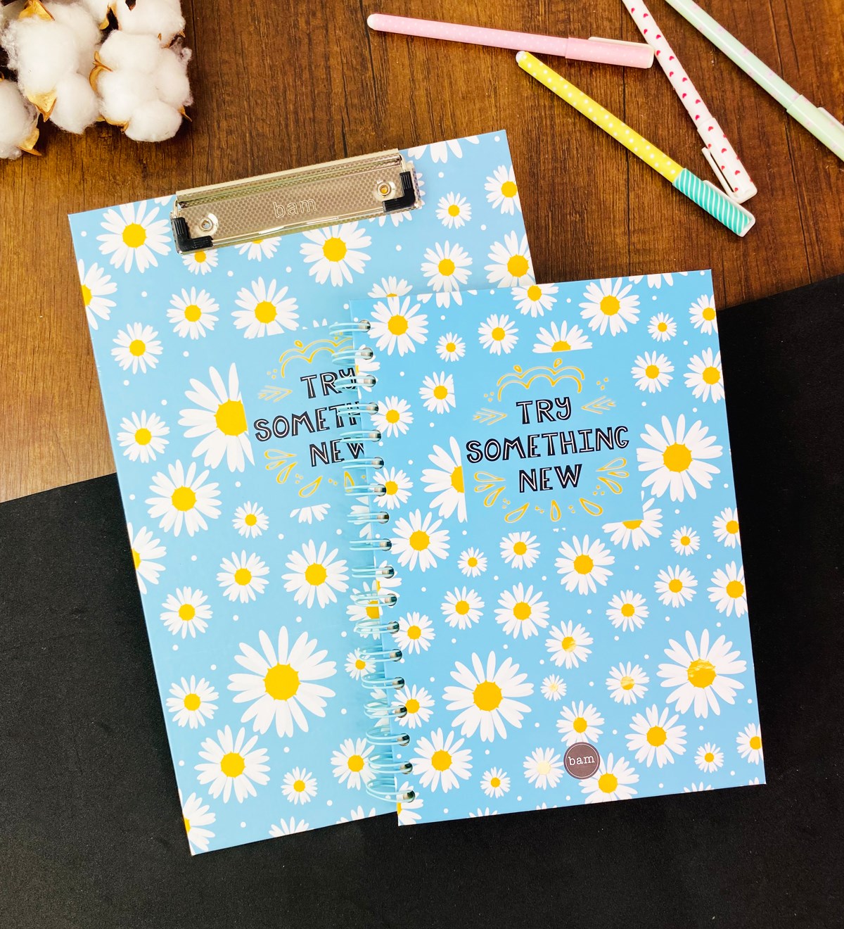 Mavi Papatya Tasarımlı Çizgili Spiralli Defter Ve Sekreterlik SetgiftmodaGmhs101676