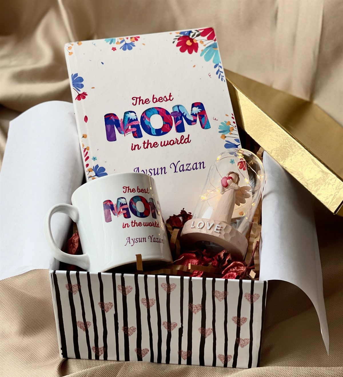 Kişiye Özel The Best Mom Tasarımlı Kupa Ajanda Ve Işıklı Melek Biblosu Anneler Günü Hediye SetigiftmodaGmhs100569