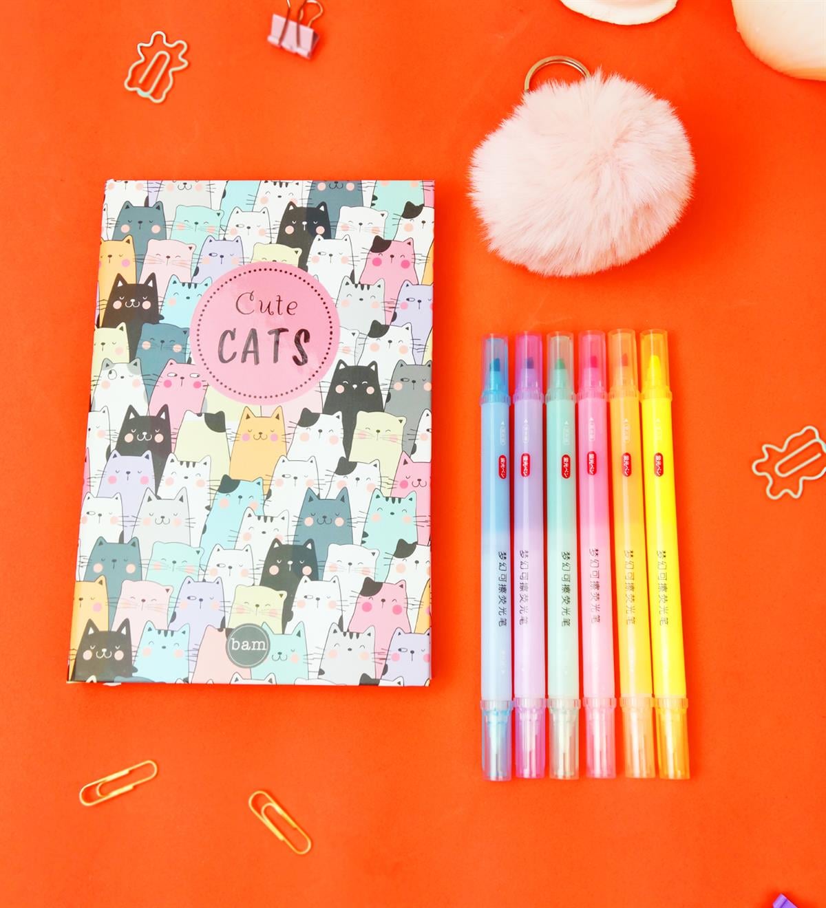 Sevimli Kedi Lastikli Defter Ve Çift Taraflı Keçeli Silinebilir Kalem Dolu Kırtasiye SetigiftmodaGmhs101826