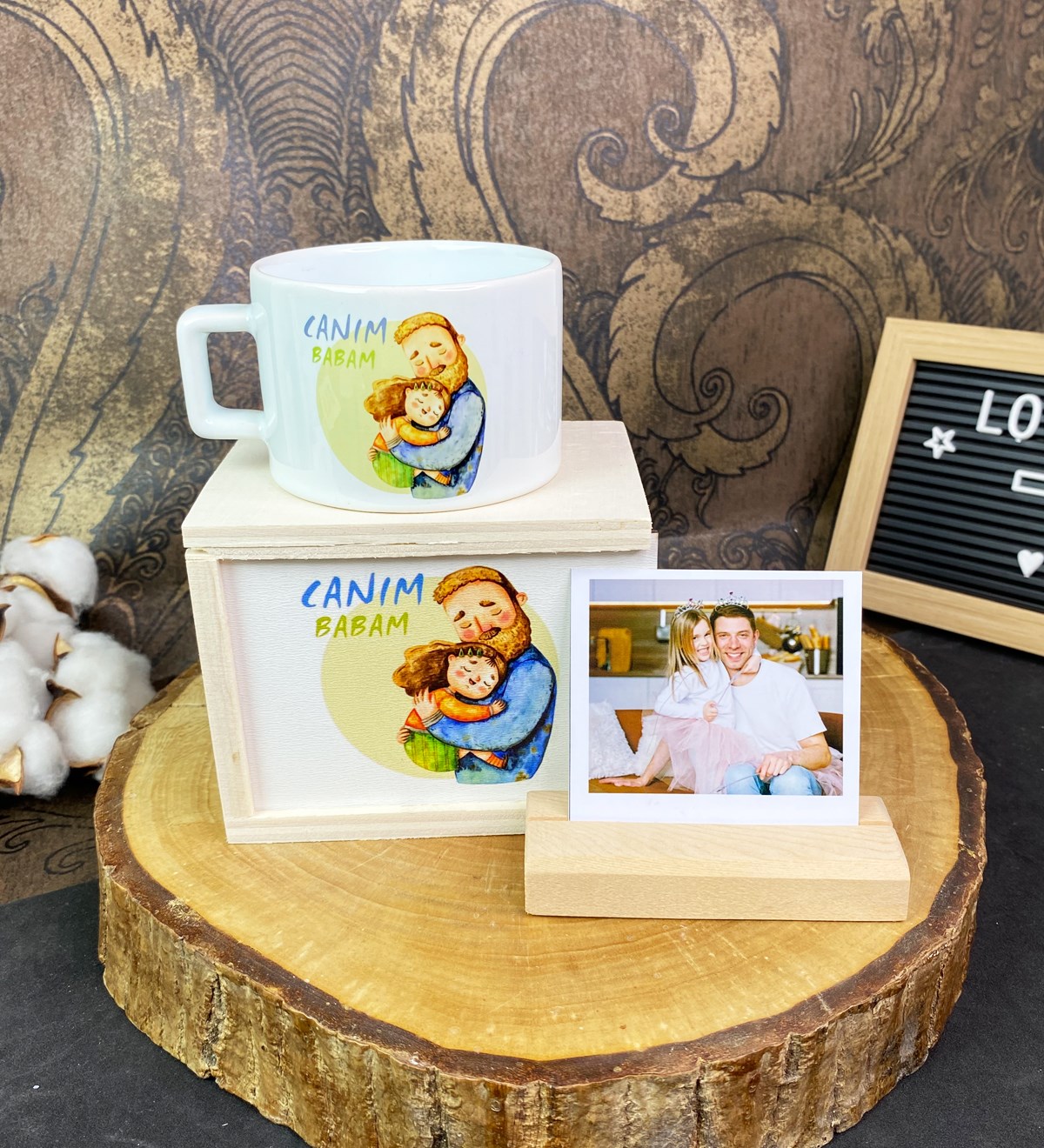 Canım Babam Tasarımlı Kutulu Kupa Ve Ahşap Fotoğraf Tutucu SetgiftmodaGmhs101742