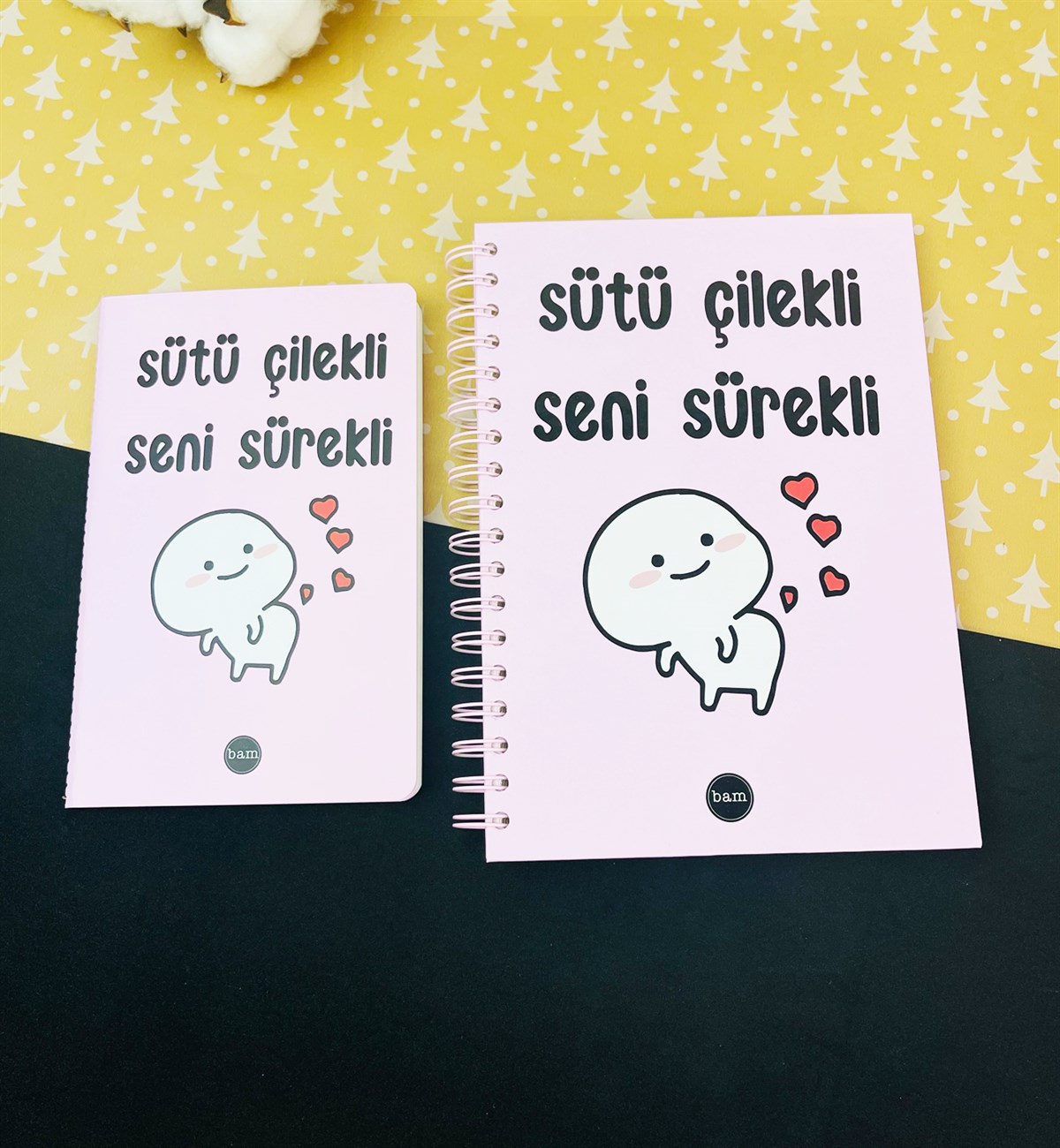 Sütü Çilekli Seni Sürekli Tasarımlı Spiralli Defter Ve Terzi Dikişli Defter SetgiftmodaGmhs101568