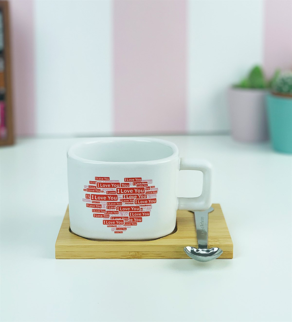 I Love You Tasarımlı Ahşap Standlı Mıknatıslı Kaşıklı KupaGiftmodaGM-2454-Love-You
