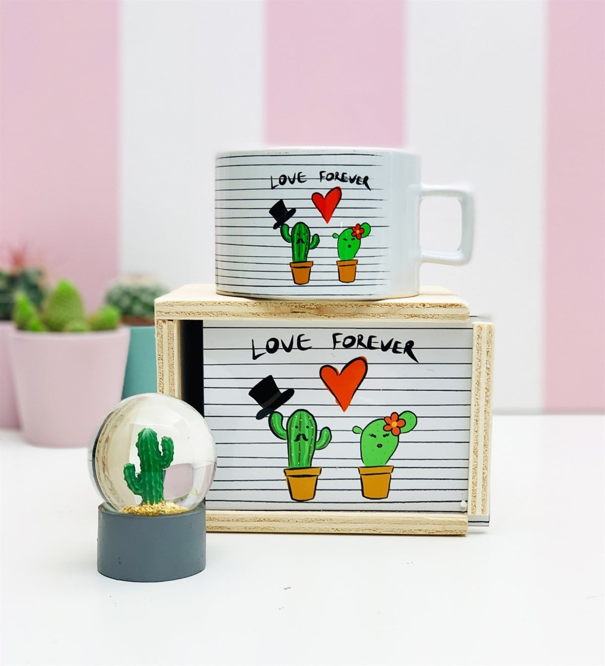 Kaktüs Tasarımlı Kutulu Kupa Ve Mini Kar KüresiGiftmoda Gm-Set-120