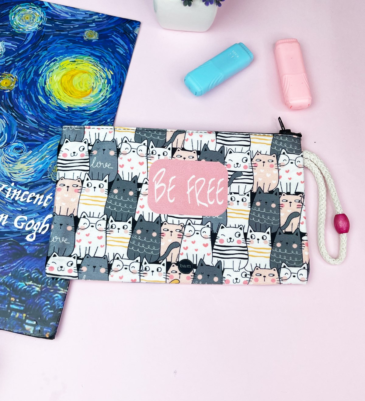 Be Free Kedi Tasarımlı Bez Kalemlik CüzdangiftmodaGmklm100169