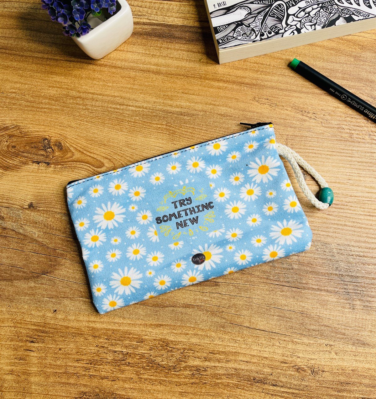 Mavi Papatya Tasarımlı Bez Kalemlik CüzdangiftmodaGmklm100027