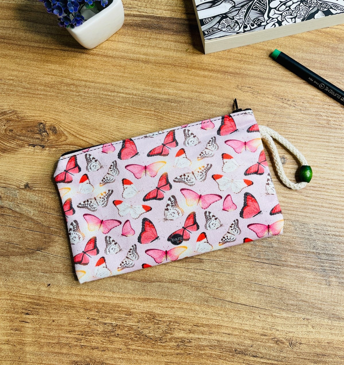 Pembe Kelebek Tasarımlı Bez Kalemlik CüzdangiftmodaGmklm100025