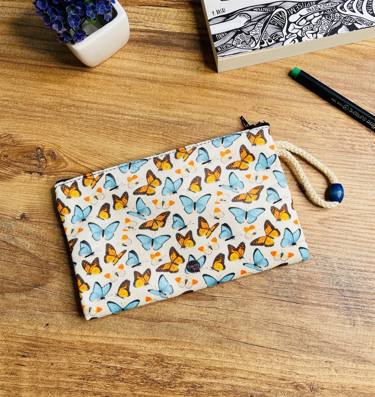 Mavi Kelebek Tasarımlı Bez Kalemlik CüzdangiftmodaGmklm100026